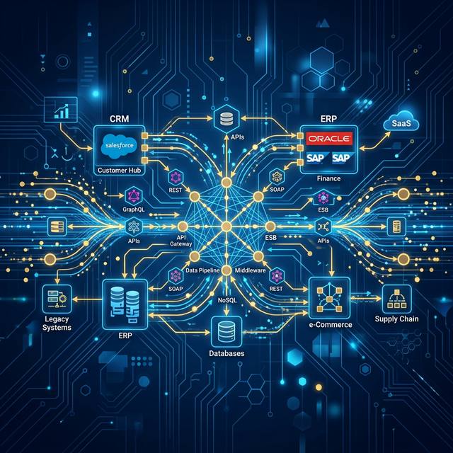 多个系统模块通过连接线和数据流连接在一起的抽象图